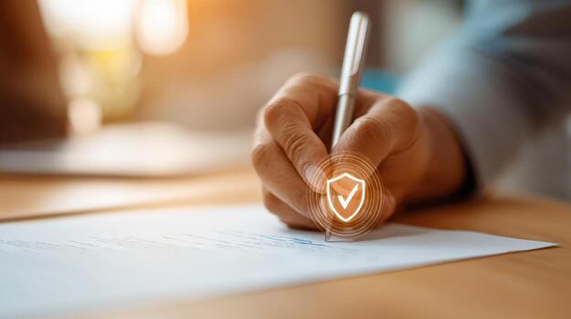 Hand Signing Document with Digital Security Shield Overlay, Representing Trust, Compliance and Legal Protection photo