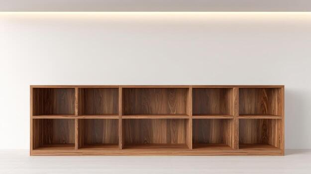 Empty Wooden Bookcase Against a White Wall Background Offering Versatile Storage and Display Solutions in Interior Design photo