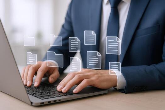 Document Management System Concept Businessman Using Laptop with Digital Documents and Folders Overlay photo