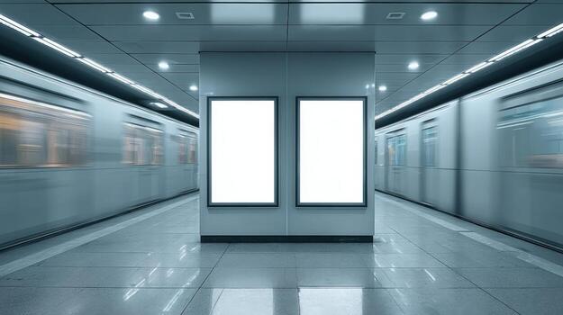 Subway Station with Blank Billboard Mockups and Passing Trains, Ideal for Advertising and Transit Concepts photo