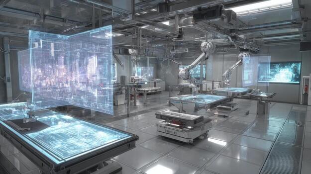 avanzado futurista laboratorio interior con robótico brazos y holográfico muestra para científico investigación foto
