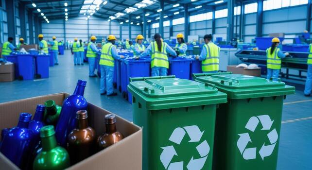Recycling Center Interior with Workers Sorting Materials and Green Recycling Bins, Emphasizing Sustainability and Environmental Responsibility photo
