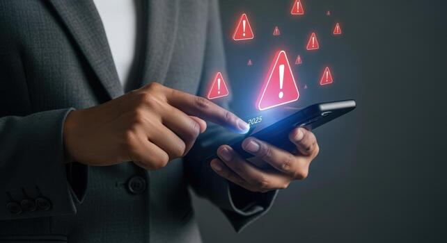 Woman Interacting with Phone, Receiving Multiple Security Alerts and Warning Notifications for Network Security Risk photo