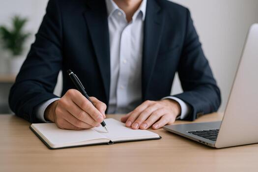 Businessman Taking Notes at Desk with Laptop in Office, Writing in a Notebook photo