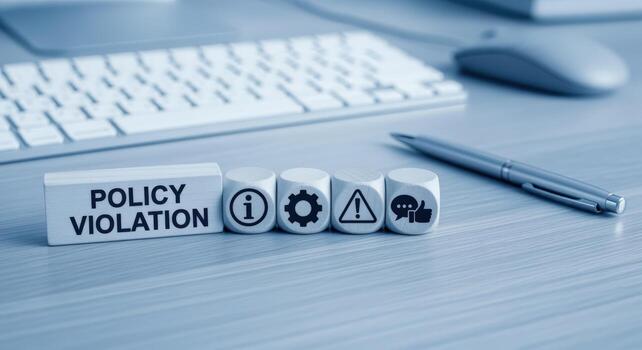 política violación concepto de madera bloques con íconos en escritorio, representando legal conformidad y regulador cuestiones foto
