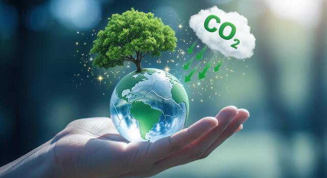 Protecting Earth Hand Holding Globe with Tree Absorbing CO2, Representing Sustainability and Environmental Responsibility photo