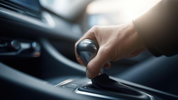 Hand operating car gear shift, focusing on the moment of control and driving experience, transportation photo