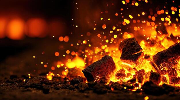 Burning Coal with Sparks Emitting Intense Heat and Light During Combustion Process photo