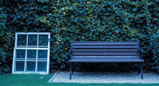 Rustic Bench and Window Frame in a Lush Garden Setting with Overgrown Ivy photo