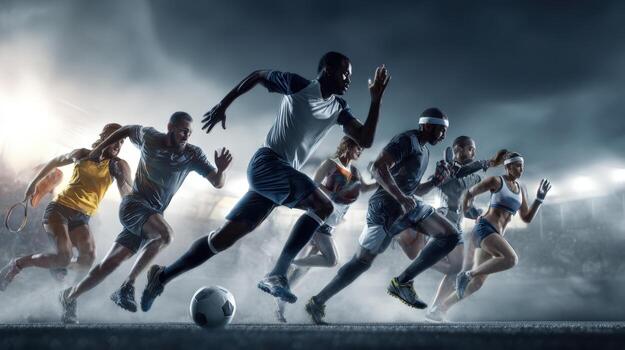 dinámica multiétnico Atletas corriendo en estadio, trabajo en equipo y Dedicación exhibido en competitivo deporte foto