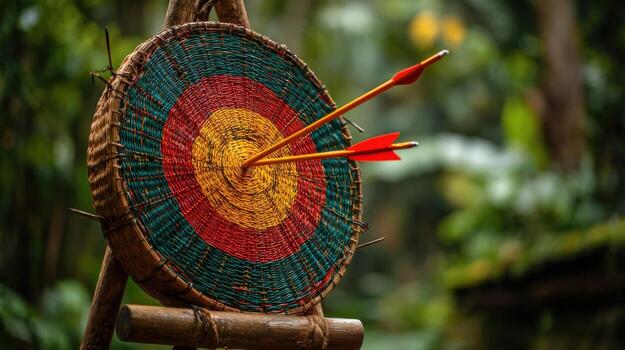 Arrows Hitting the Bullseye on a Traditional Target, Representing Achievement and Precision in a Natural Setting photo