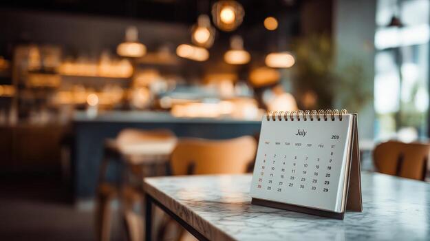 Calendar Displaying July on Marble Table in Blurred Cafe Setting Invites Planning and Scheduling photo