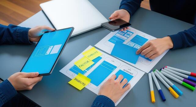 Mobile App Development Team Brainstorming UI and UX Design for Enhanced User Experience and Interface photo