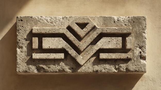 Abstract Stone Carving Detail with Geometric Lines in Sunlight, Architectural Ornament on Building Facade photo