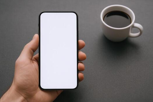 Mobile App Interface Mockup Hand Holding Smartphone with Blank Screen Display Alongside Coffee Cup photo