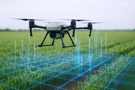 Drone Inspecting Agricultural Field with Grid Overlay, Providing Data for Precision Farming and Crop Health Monitoring photo