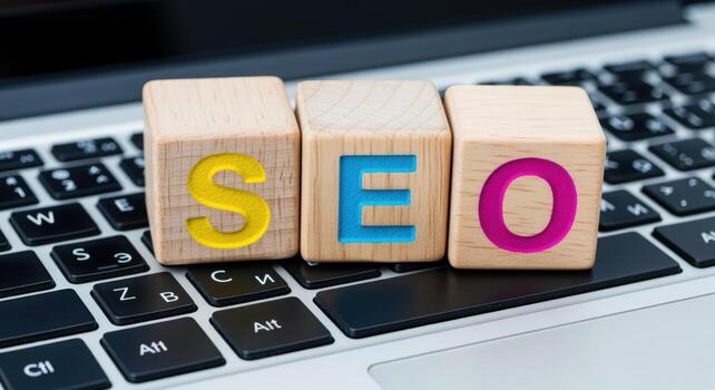 SEO Concept Wooden Blocks Spelling SEO on Laptop Keyboard, Symbolizing Search Engine Optimization Strategies photo