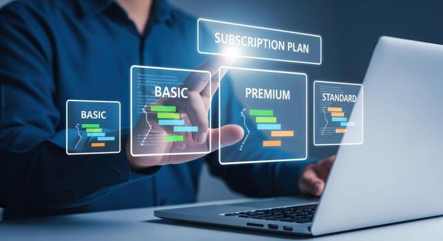 Selecting subscription plan on virtual interface with business man using laptop for online application photo