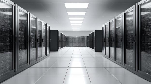 Data Center Server Room with Rows of Rack Mounted Servers in a Technology Facility photo