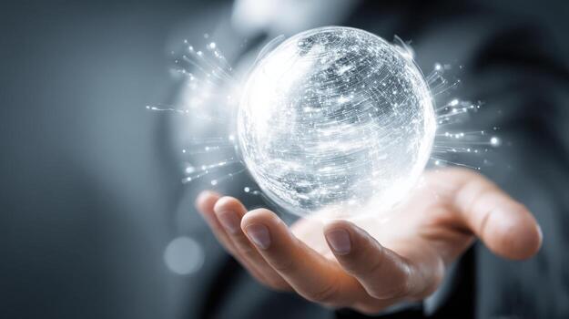 Business Innovation Hand Holding a Luminous Sphere Representing Technological Advancement and Global Connectivity photo