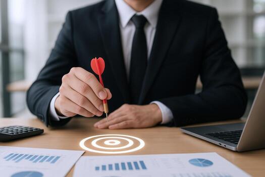 Businessman Aiming at Target with Dart on Desk with Financial Reports and Laptop photo