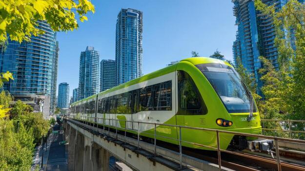 Modern Green Transit Train on Elevated Tracks in Urban Setting with Skyscrapers on Sunny Day photo