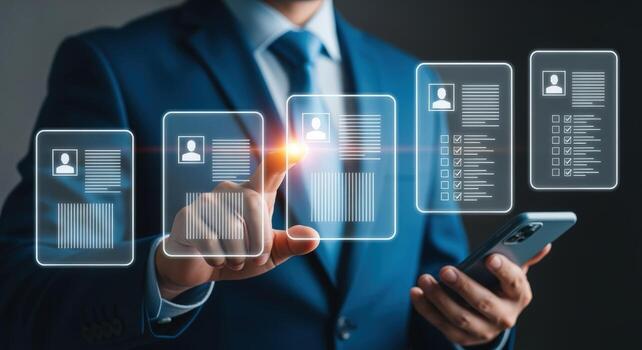 Professional Analyzes Candidate Profiles with Digital Interface and Mobile Phone for Recruitment Efficiency photo