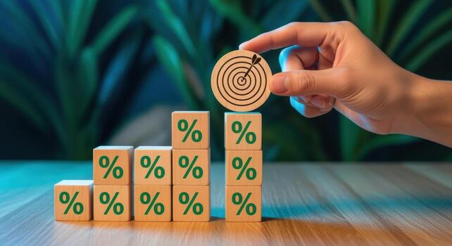 Achieving Growth Hand Places Target on Percentage Blocks Representing Financial Success and Objectives photo