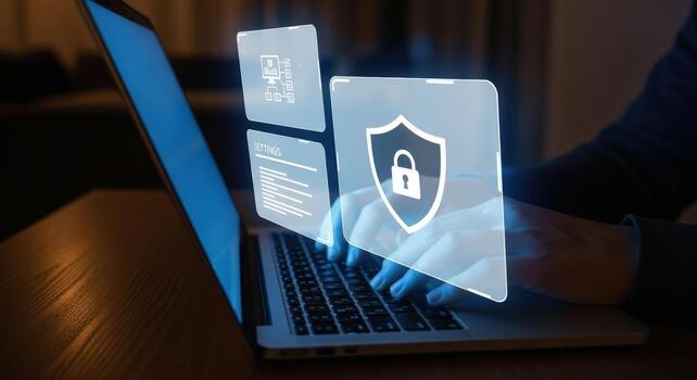 Data Security on Laptop Person Typing with Lock Symbol, Cyber Protection and Privacy Concept photo