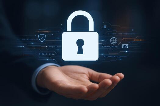 Digital Security Concept Hand Presenting Padlock Icon with Futuristic Circuitry, Data Protection and Privacy photo