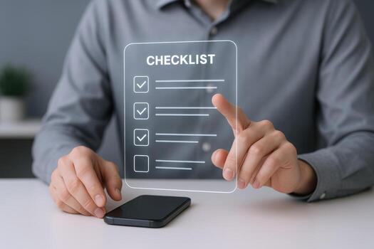 Man interacting with digital checklist interface for task management and productivity on transparent screen photo