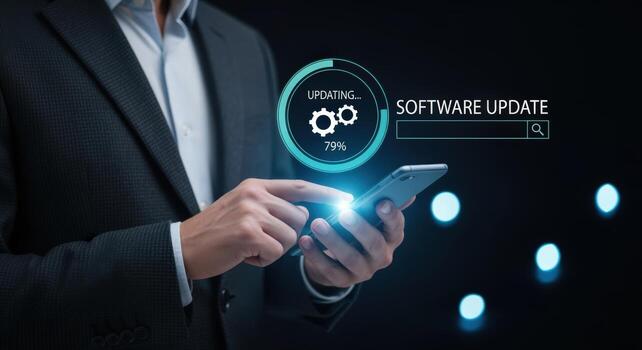 Man Updating Software on Smartphone with Digital Display, Technology Concept, Innovation and Information Technology photo