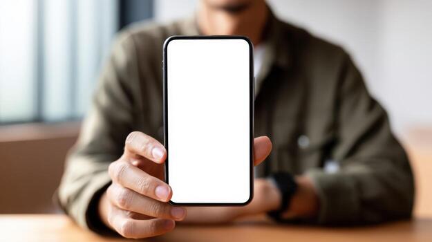 Mobile Phone Display Man Holding Smartphone with Blank Screen for App or Website Mockup photo