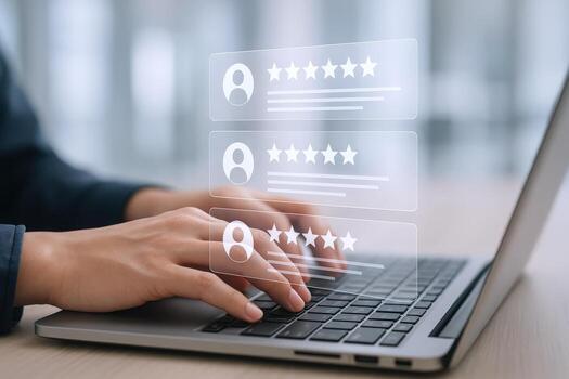 Online Feedback and Review System Customer Testimonials on Laptop Screen Displaying Rating Stars photo