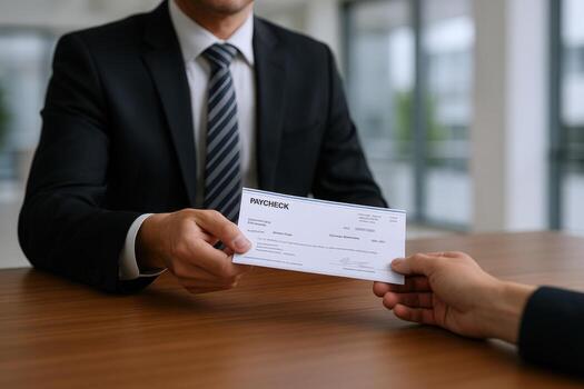 Business Professional Handing Over a Check as Payment, Representing Financial Transaction and Compensation Concept photo