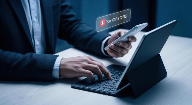 Secure Online Transaction Man Verifying OTP Code on Smartphone while Using Laptop for Added Security photo