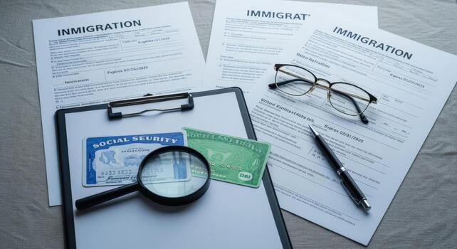 Immigration Documents and Personal Identification Exploring Visa Application and Legal Processes with Pen and Magnifying Glass photo
