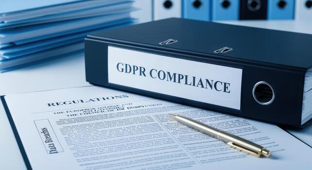 GDPR Compliance Ring Binder with Documents and Pen on Desk, Representing Data Protection Regulations photo