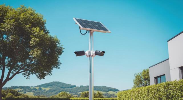 Solar Powered Security System with Surveillance Cameras on a Pole for Outdoor Monitoring photo