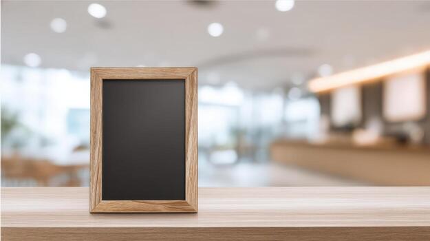 Wooden Frame Mockup on Tabletop with Blurred Background Display for Restaurant Menu or Promotion photo
