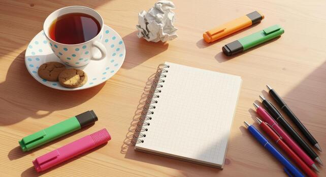 Workspace Still Life with Notebook, Tea, and Pens Ideal for Creative Projects and Presentations photo