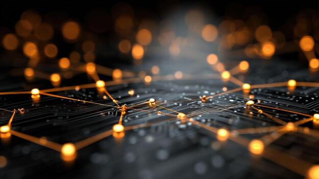 Abstract Technology Network Connecting Data Nodes with Glowing Light, Ideal for Digital Innovation and Communication photo