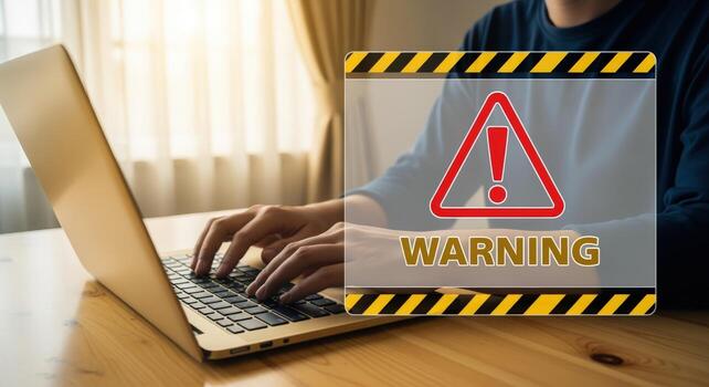 Warning Message on Laptop Screen Illustrating Cyber Security Threat with Person Typing on Keyboard photo