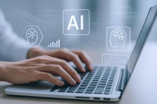 AI Driven Solutions Close-up of Hands Typing on Laptop with Artificial Intelligence Interface Overlay photo