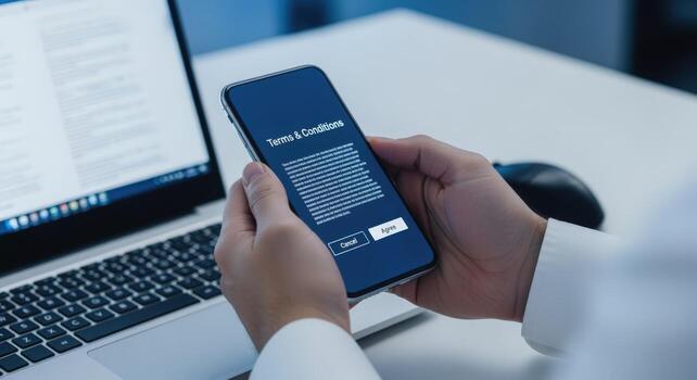 Reading Terms and Conditions on Mobile Phone, Accepting Agreement Online, Digital Contract Review, E-Sign photo