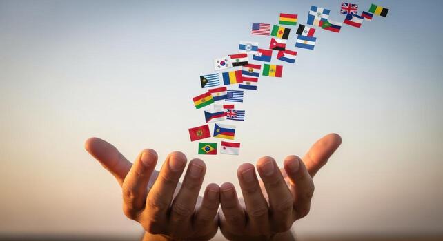 Global Unity Hands Catching a Cascade of National Flags Symbolizing International Collaboration and Diversity photo