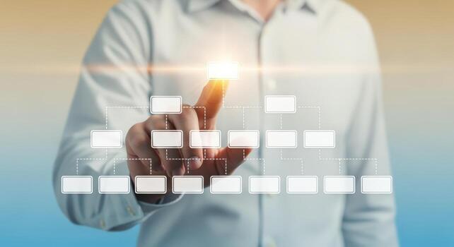 Business Professional Interacting with Virtual Organizational Chart, Representing Company Structure and Hierarchy, Modern Technology Interface photo