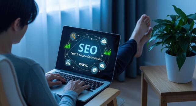 Person working on Search Engine Optimization on a laptop at home in a relaxed position photo