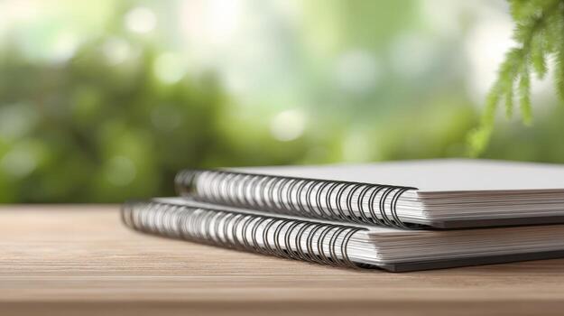 Close-up of Spiral Notebooks Stacked on a Wooden Desk with Greenery Background, Represents Fresh Start photo