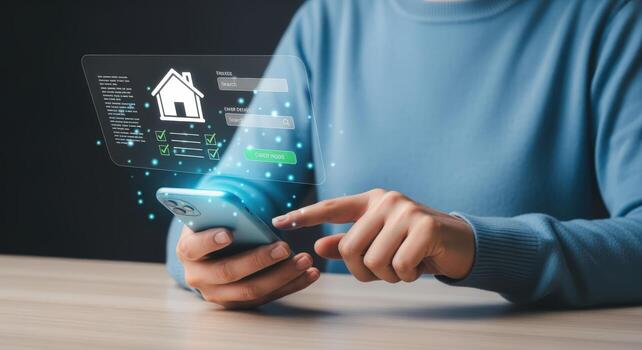 Woman uses smartphone to access property information, digital house application, and real estate management platform photo